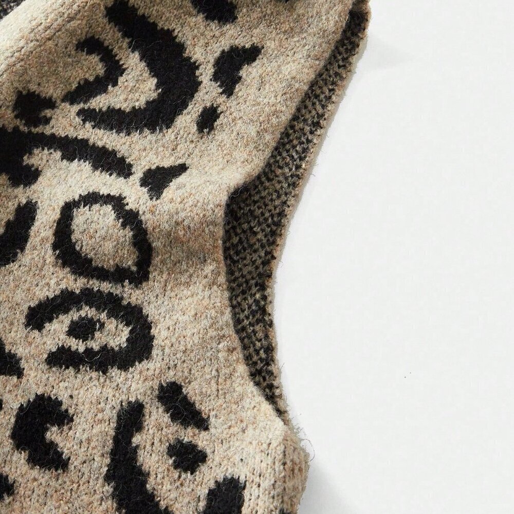 Multicolor Casual Women's Single Breasted V-Neck Leopard Print Knit sweater Vest - Picture 9 of 10